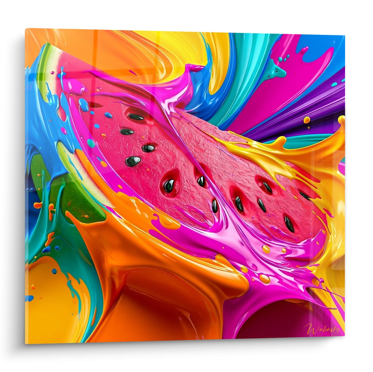 Pastèque rouge fendue jaillissant de peinture magenta, turquoise et orange en pleine fusion liquide