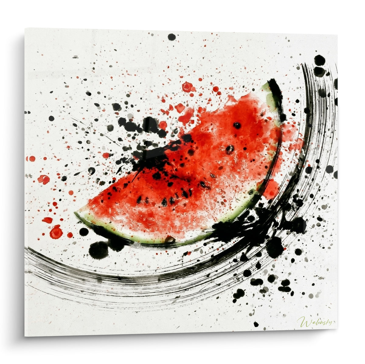 Pastèque rouge éclaboussée d'encre noire sur fond blanc, style aquarelle expressive