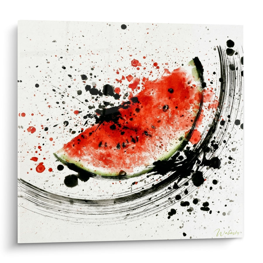 Tableau Quartier de pastèque rouge et noir tourbillonnant - Traits d'encre courbes - Edition Pastèque