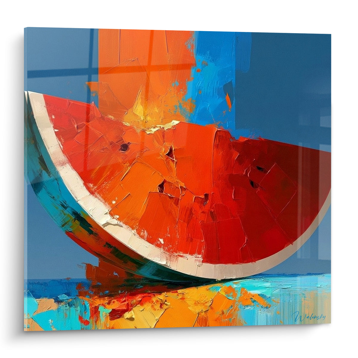 Tranche de pastèque rouge et orangée sur fond bleu pétrole, peinture texturée à la spatule