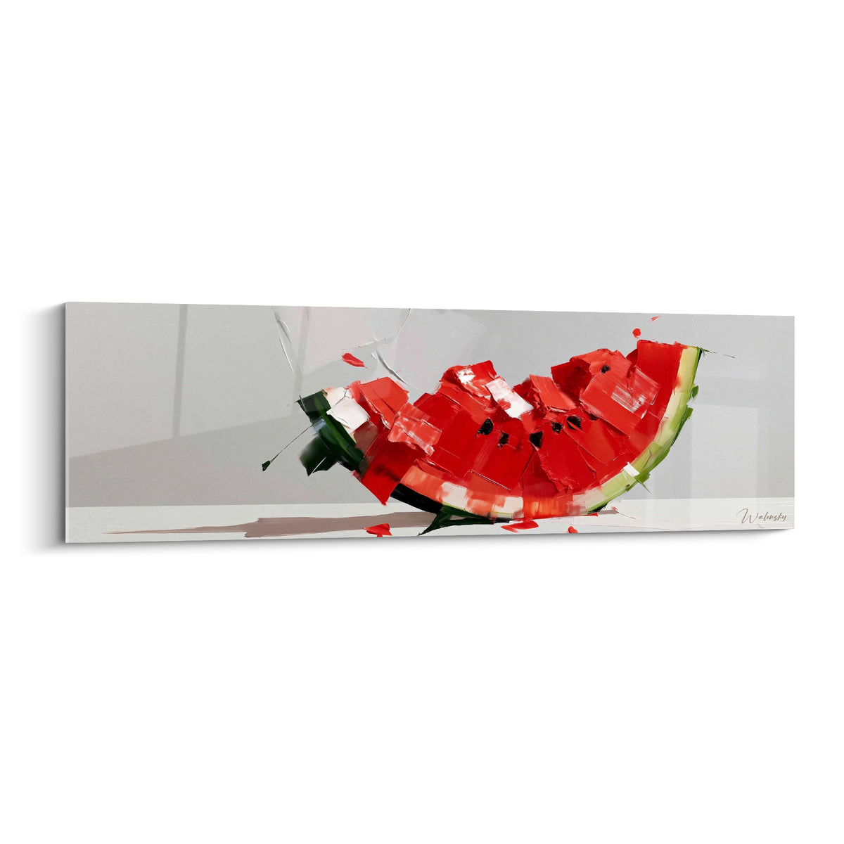 Pastèque tranchée rouge vif et vert sombre, matière épaisse au couteau sur fond gris