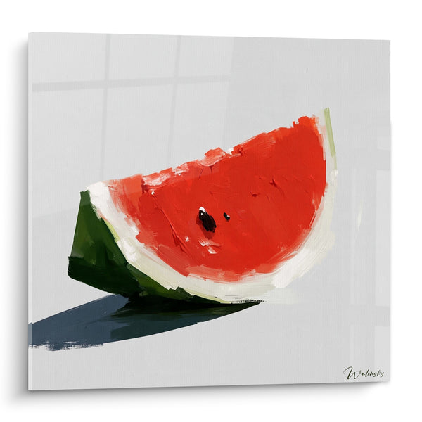 Tableau Quartier de pastèque rouge et vert sur fond gris - Ombre bleutée portée - Edition Pastèque