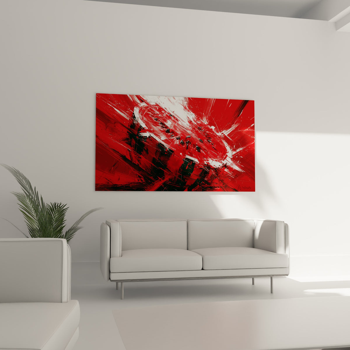 Fruit rouge intense aux touches blanches lumineuses suspendu au-dessus d'un canapé dans un salon lumineux
