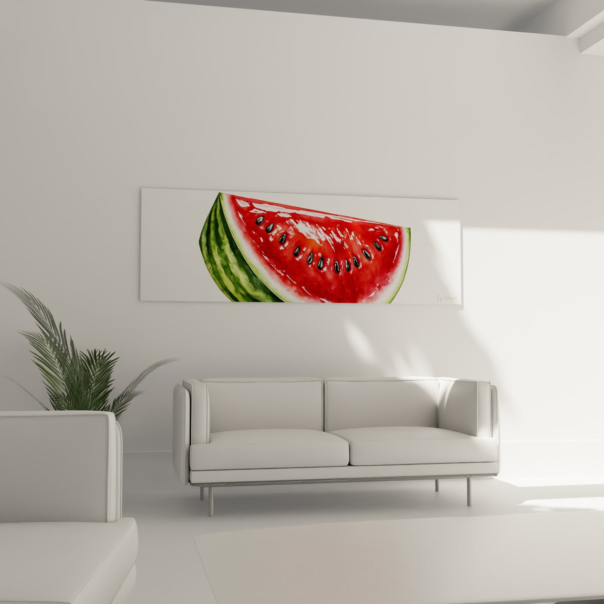 Pastèque juteuse rouge et verte suspendue au-dessus d'un canapé dans un salon lumineux