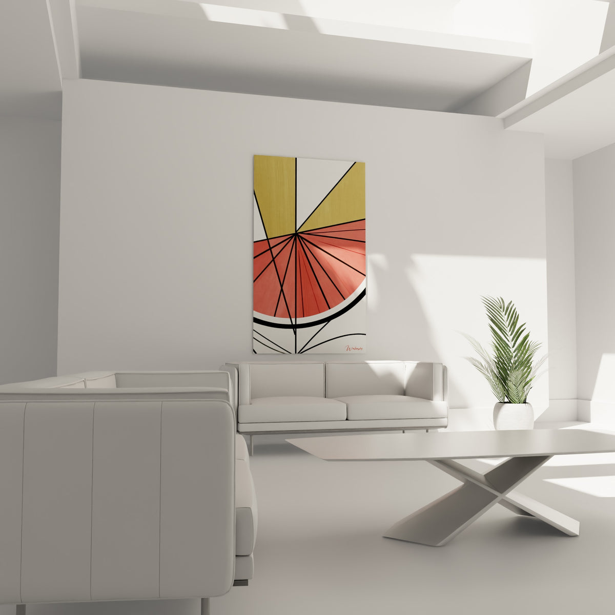 Pastèque stylisée aux tons corail et dorés accrochée au-dessus d'un canapé dans un salon lumineux