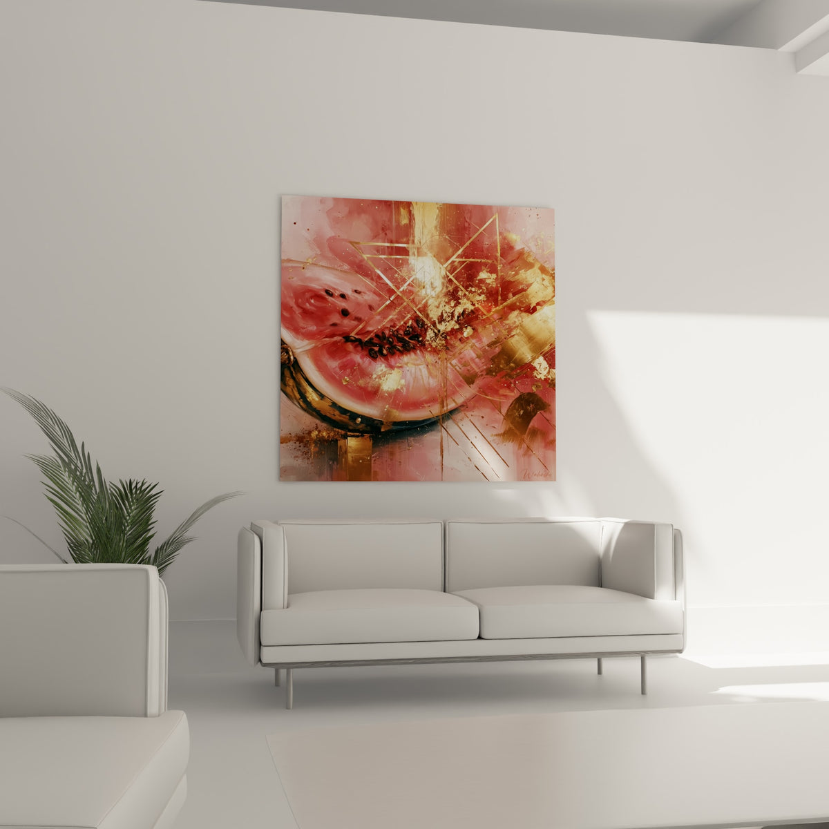 Pastèque gourmande en rose et or, empâtements dorés visibles, suspendue au-dessus d'un canapé dans un salon lumineux