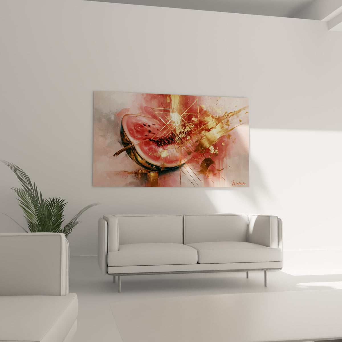 Fruit de pastèque aux pépins noirs et reflets dorés accroché au-dessus d'un canapé dans un salon lumineux