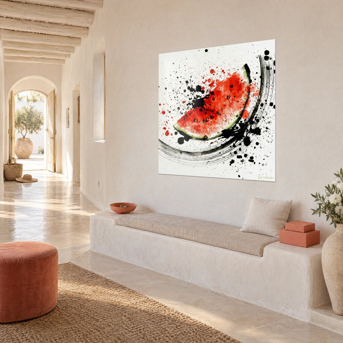 Wall art scarlet summer fruit with green rind, black drops and calligraphic arc on white background, cream wall of a Mediterranean house