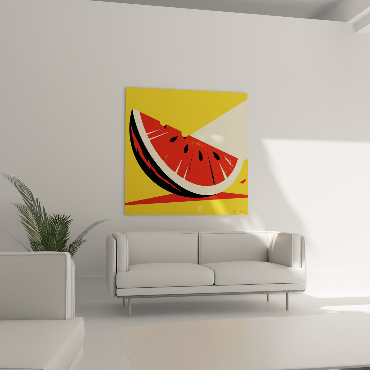 Pastèque graphique rouge et jaune accrochée au-dessus d'un canapé dans un salon lumineux