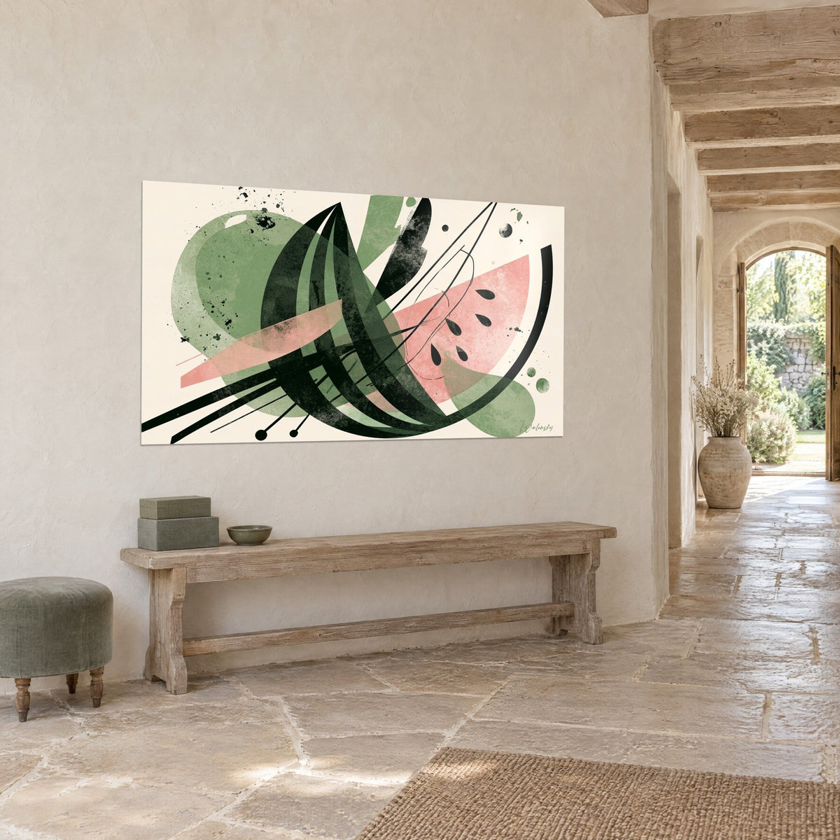 Tableau fruit rouge stylisé, aplats sauge et corail sur fond crème, mur en pierre dans une entrée voûtée