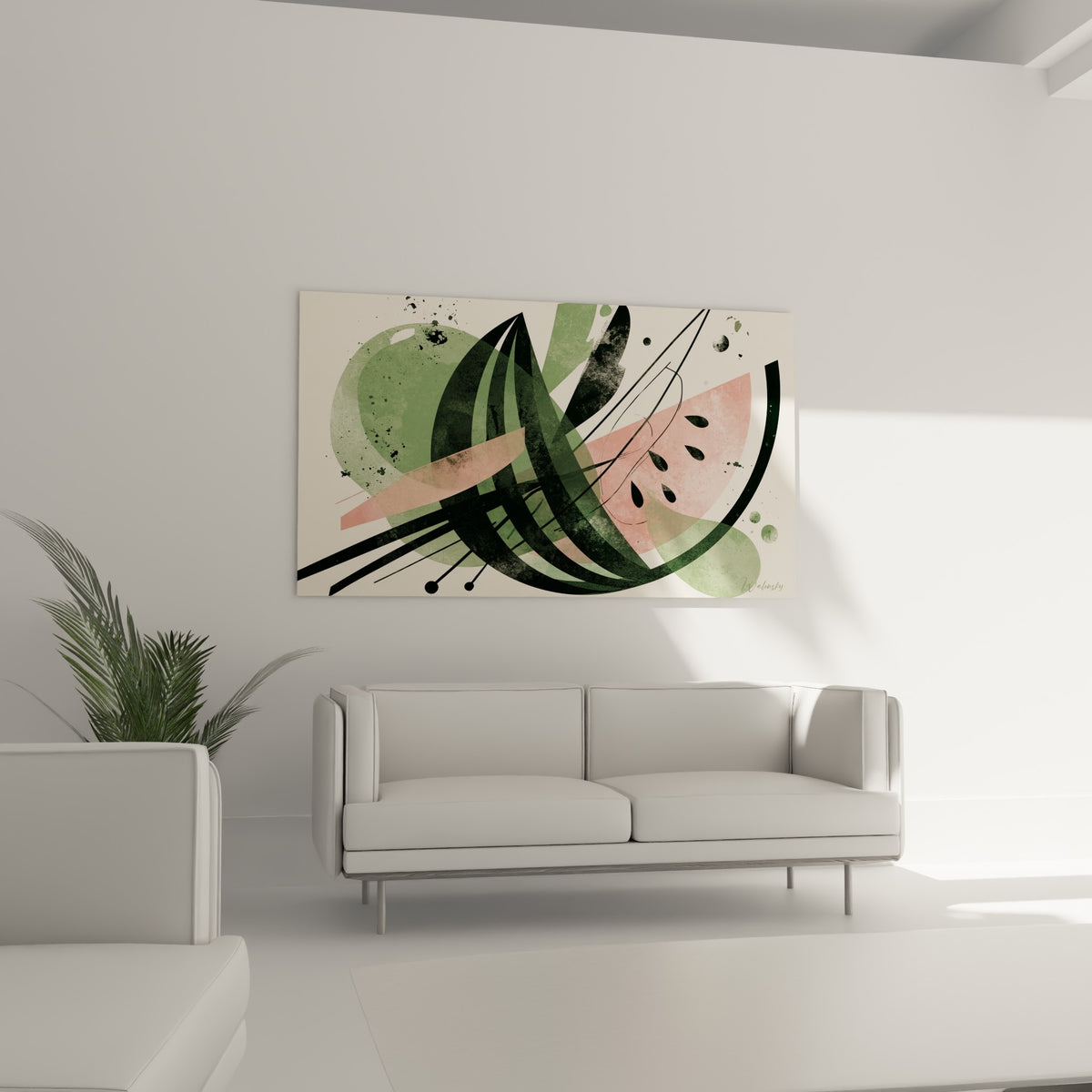 Fruit déstructuré en vert sauge et rose poudré, placé au-dessus d'un canapé dans un salon lumineux