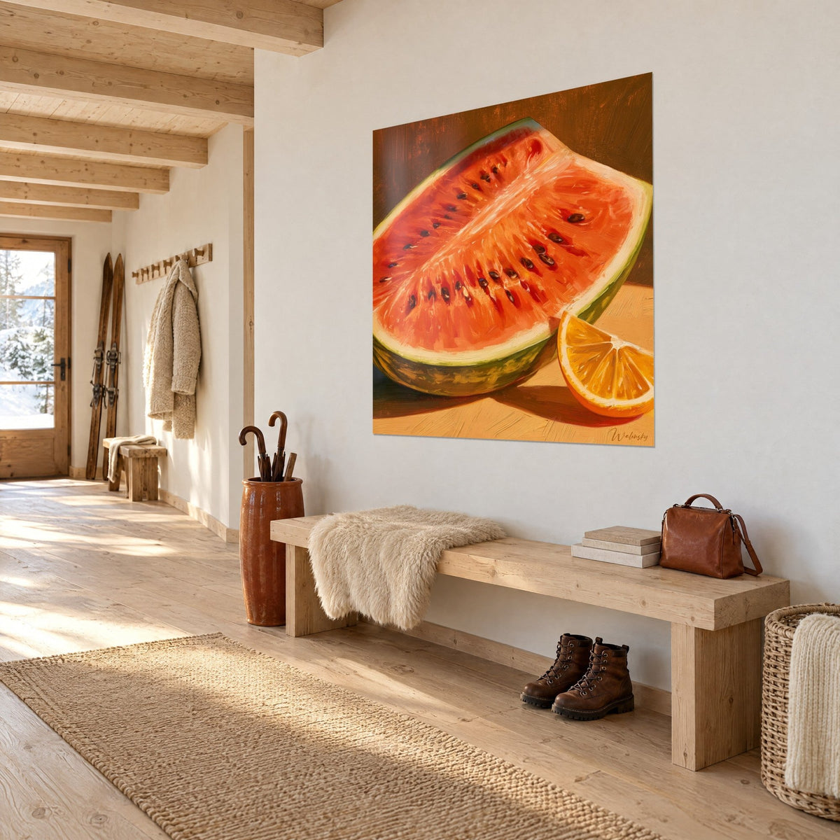 Wall art cut watermelon, vermilion flesh and green rind, amber orange splash, hung in a light wood hallway