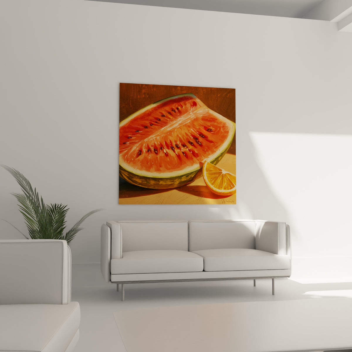 Fruit tranché aux tons rouge et vert, tableau pastèque accroché au-dessus d'un canapé dans un salon lumineux