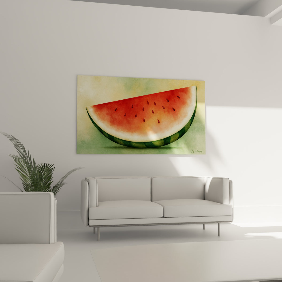 Pastèque orangée à écorce rayée verte, suspendue au-dessus d'un canapé dans un salon lumineux