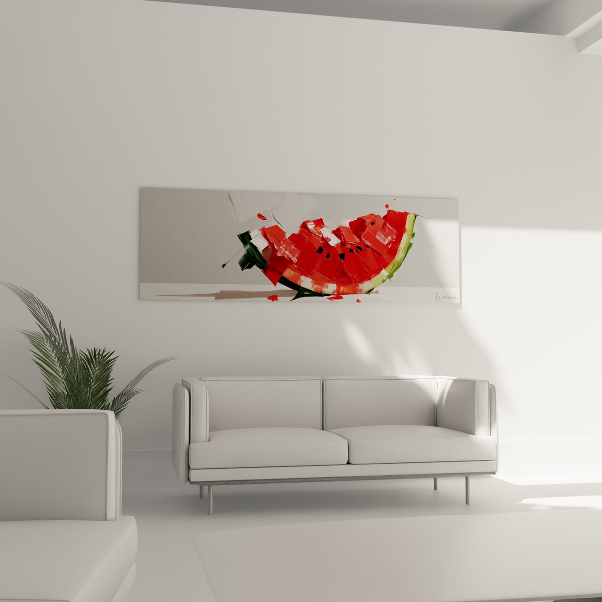 Fruit tranché rouge et vert peint en relief, suspendu au-dessus d'un canapé dans un salon lumineux