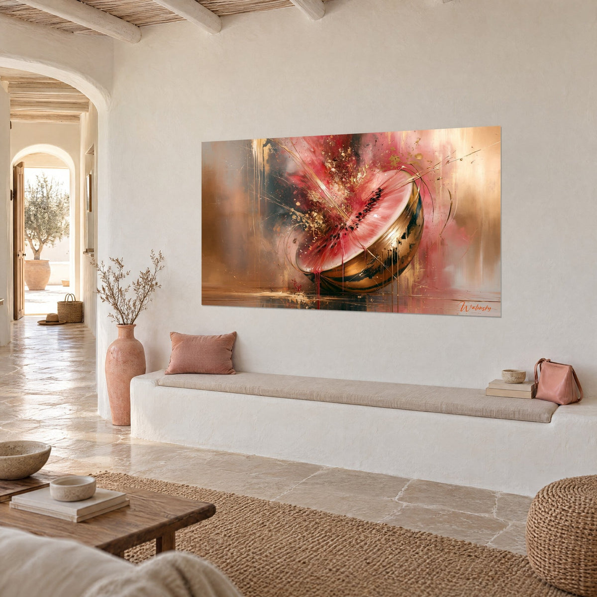 Wall art of a sliced fruit with rosy flesh and golden rind, copper drips, on a white wall beside a bench