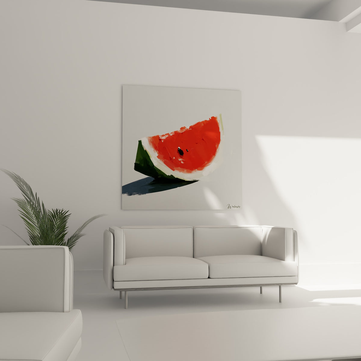 Pastèque tranchée aux tons rouge et blanc suspendue au-dessus d'un canapé dans un salon lumineux