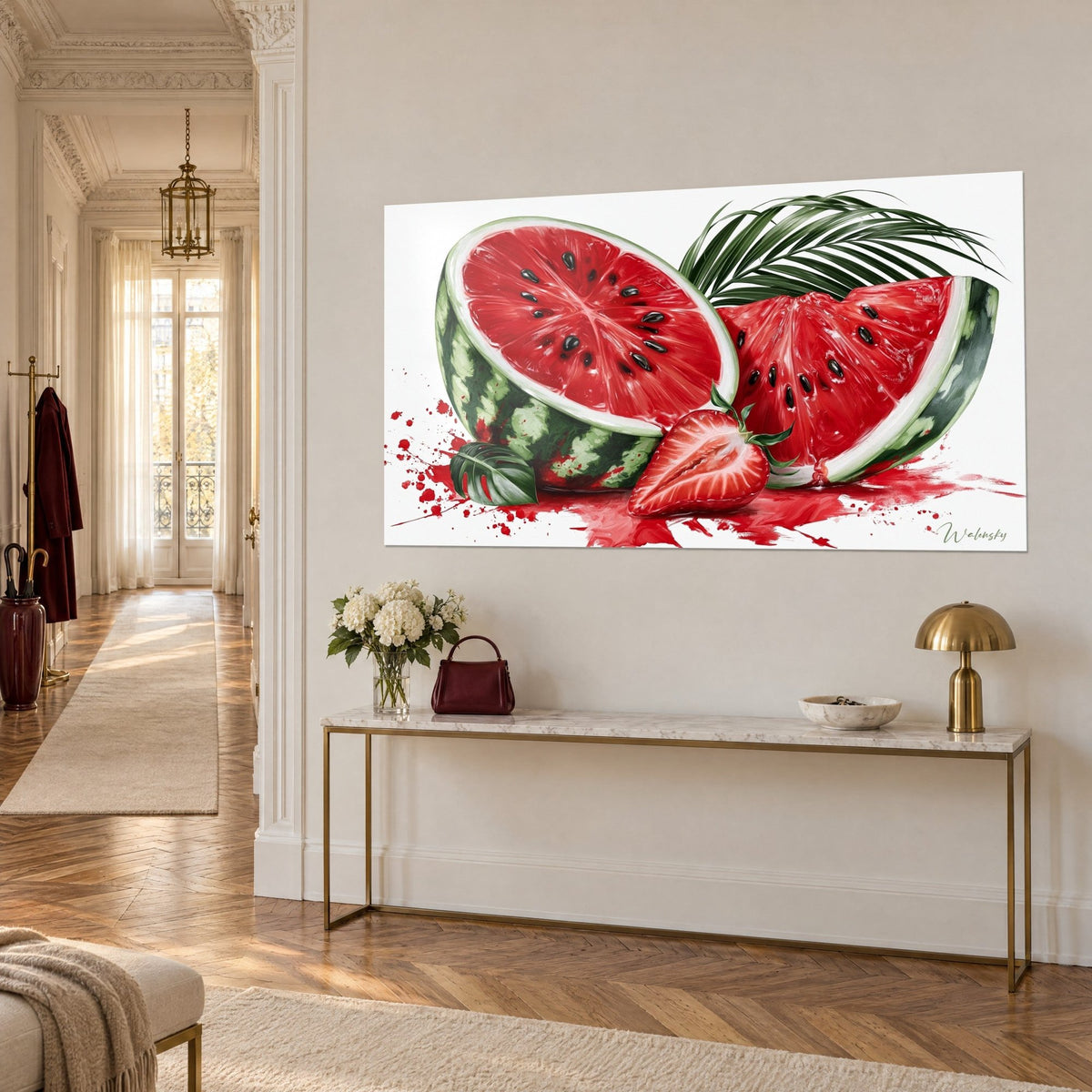 Tableau demi-melon d'eau sanguin sur fond blanc, écorce vert tendre rayée, fraise ouverte, sur une console dorée en trois-quarts