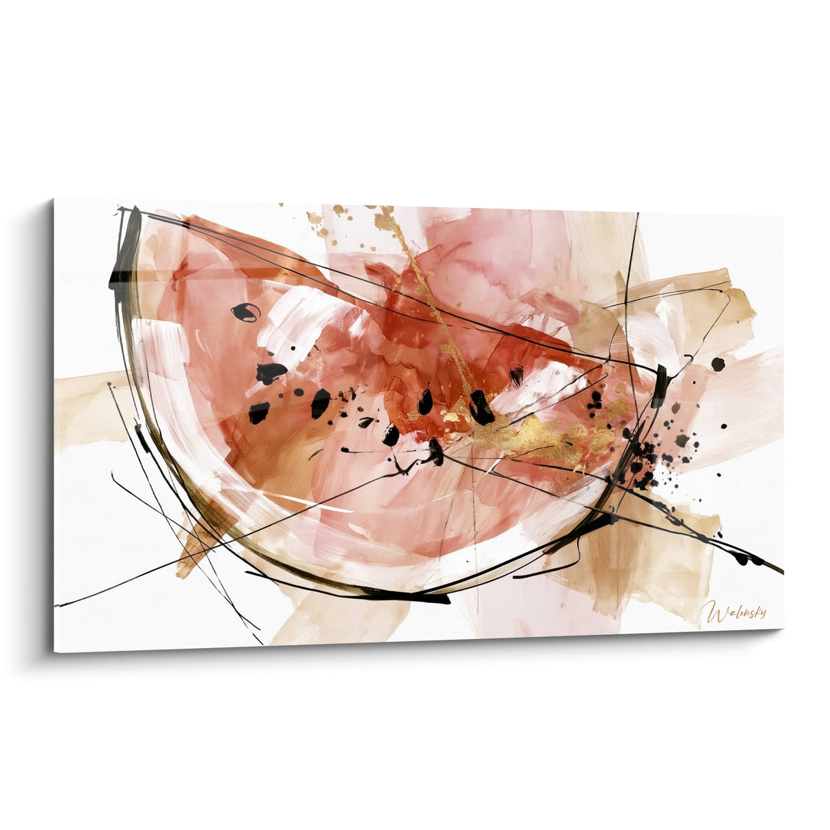 Tranche de pastèque terracotta et dorée esquissée à l'aquarelle sur fond beige sable clair