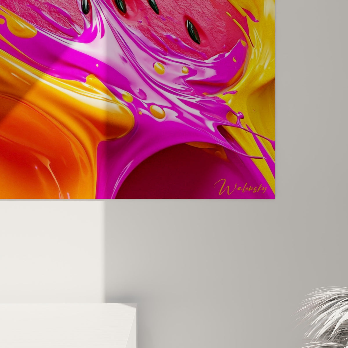 Grain lustré de la toile révélant les coulures magenta et orange se mêlant aux pépins noirs de la pastèque