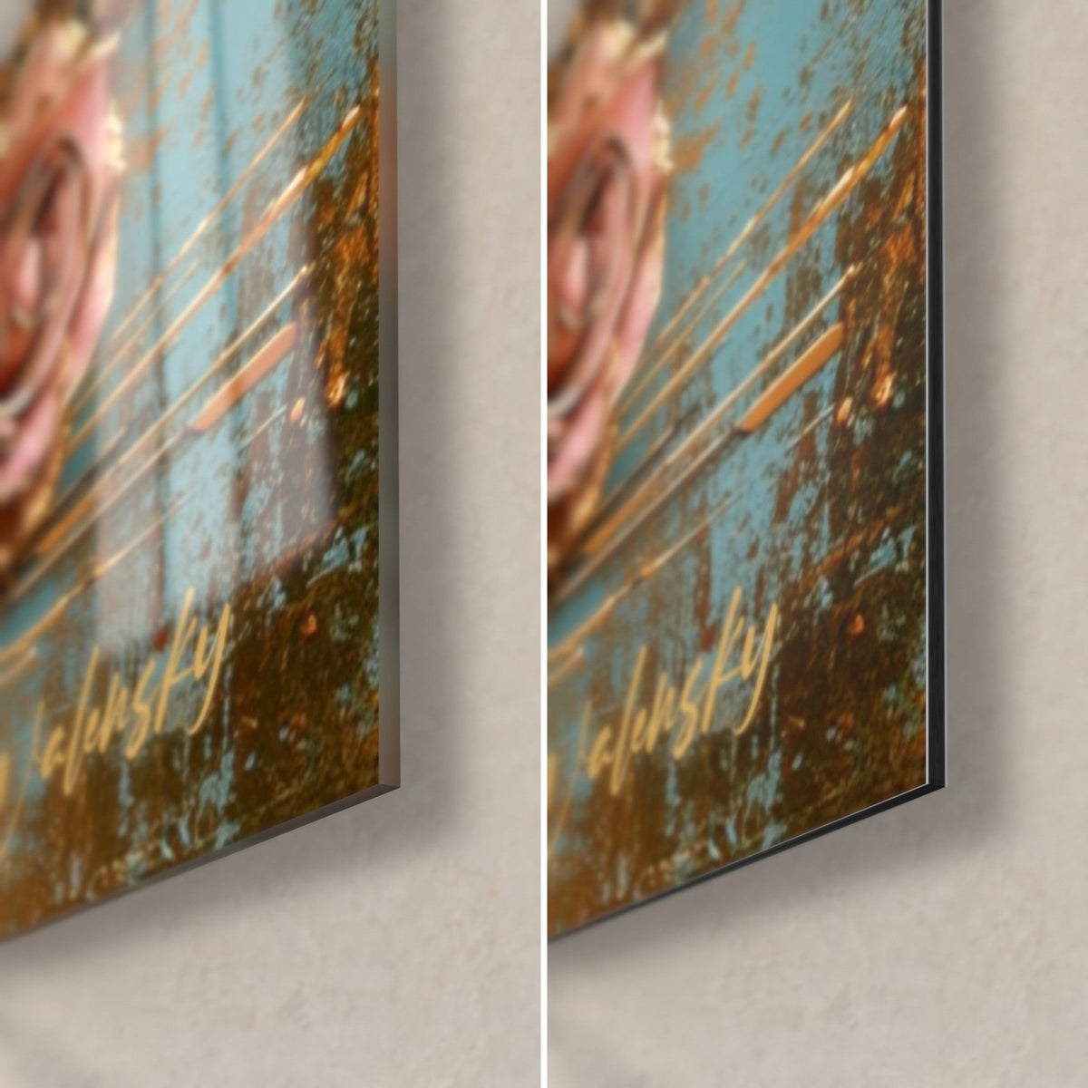 Tableau part de pastèque rose, coin bas droit en verre brillant et Dibond mat, tranche de 3 mm, reflets dorés et turquoise