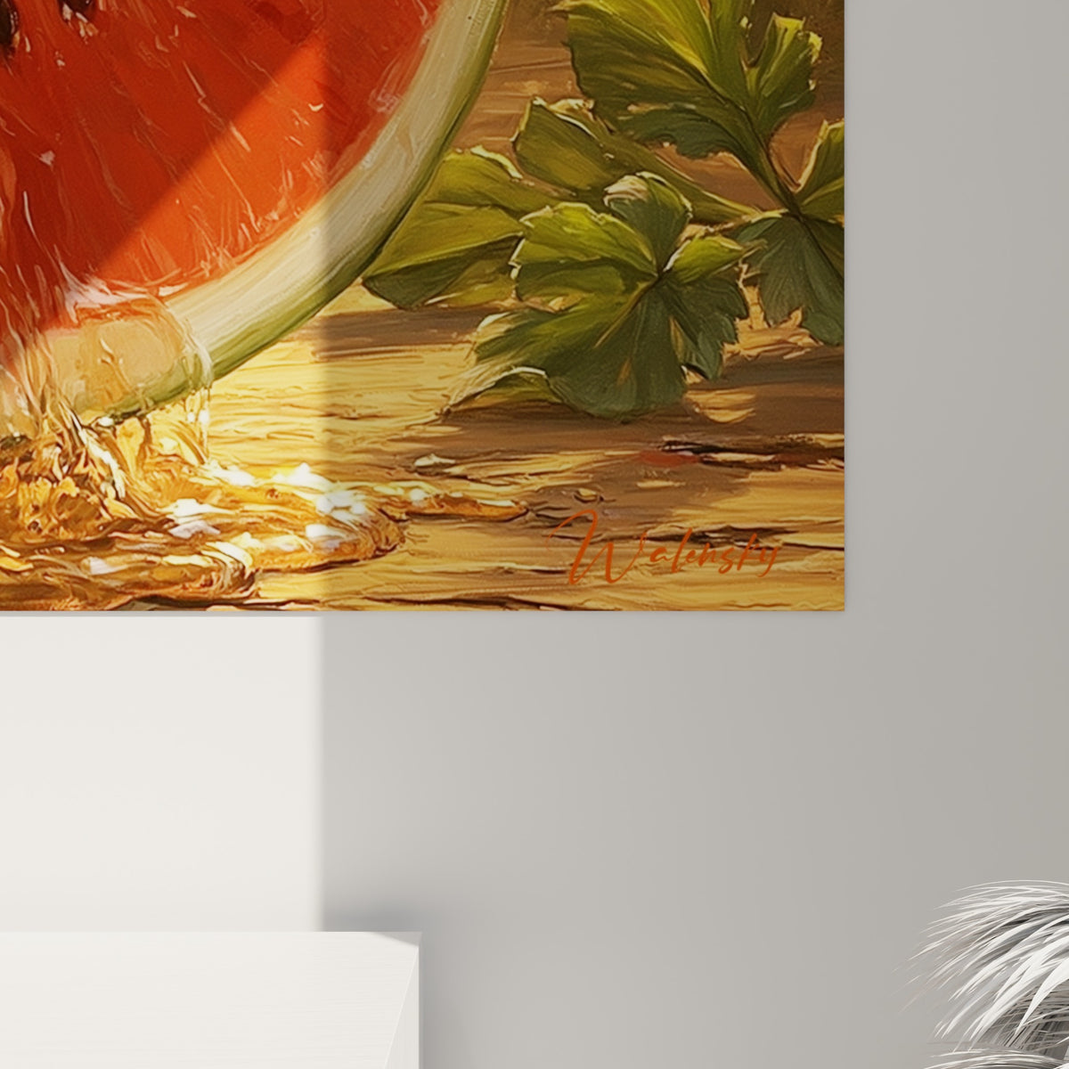 Détail des coulures dorées et du grain peint sur la pastèque rouge et verte, texture riche et empâtée