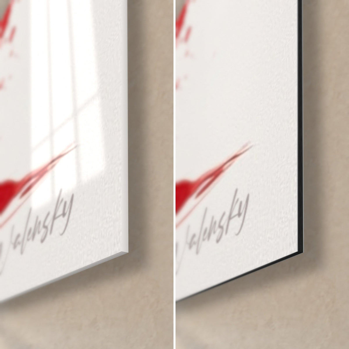 Tableau tranche de pastèque rouge et verte, coin bas droit : verre acrylique brillant et reflets, alu Dibond mat noir de 3 mm