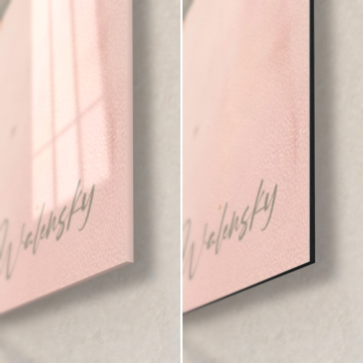 Wall art pink watermelon slice, grey Walensky signature, glossy glass corner bottom left and matte black Dibond on the right