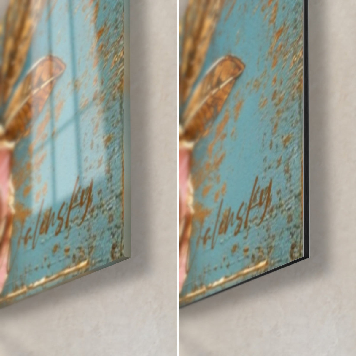 Tableau demi-pastèque rose et turquoise, coin bas droit : verre brillant à gauche, alu Dibond mat à droite, tranche de 3 mm