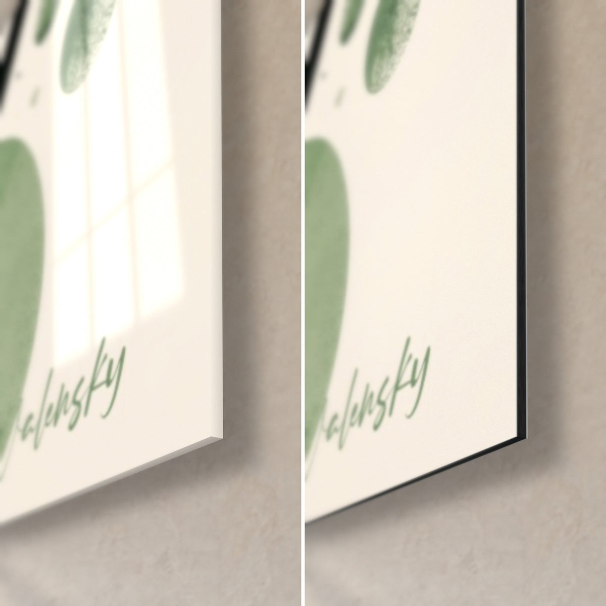 Tableau demi-melon rose et vert, coin bas droit : verre acrylique brillant à gauche, alu Dibond noir mat à droite