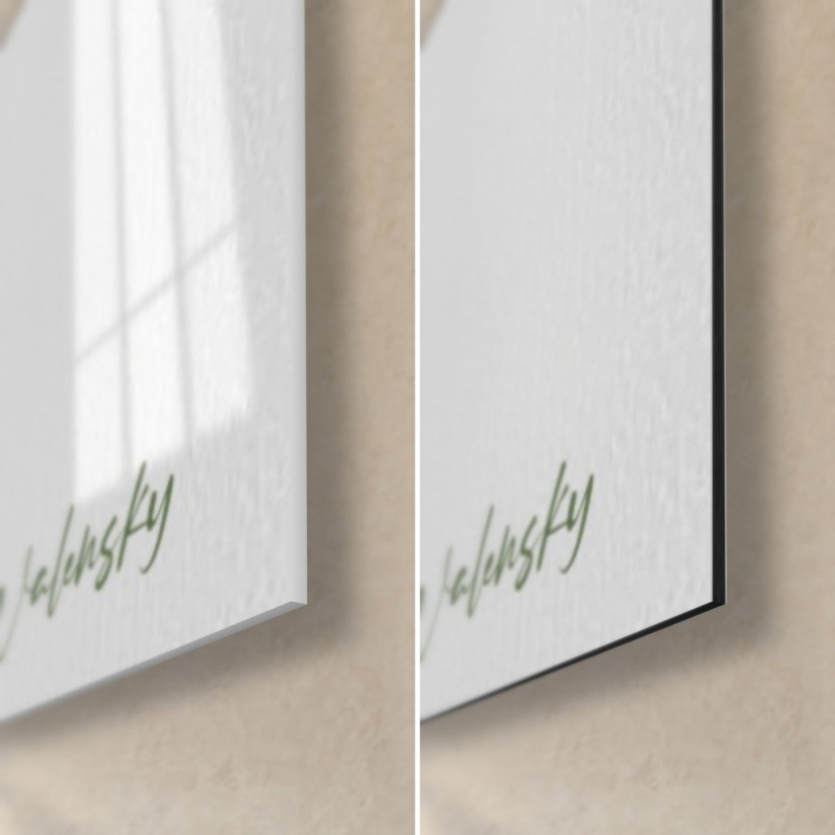 Cuadro sandía en rojo y verde oscuro, firma Walensky en la esquina inferior derecha, cristal acrílico brillante y aluminio Dibond negro mate