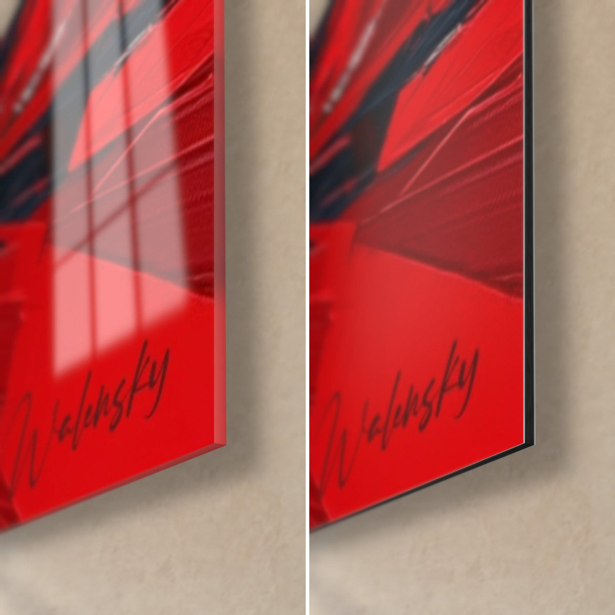Wall art red fruit in palette knife strokes, bottom right corner: glossy acrylic glass on the left, matte Dibond aluminium on the right, 3 mm thick