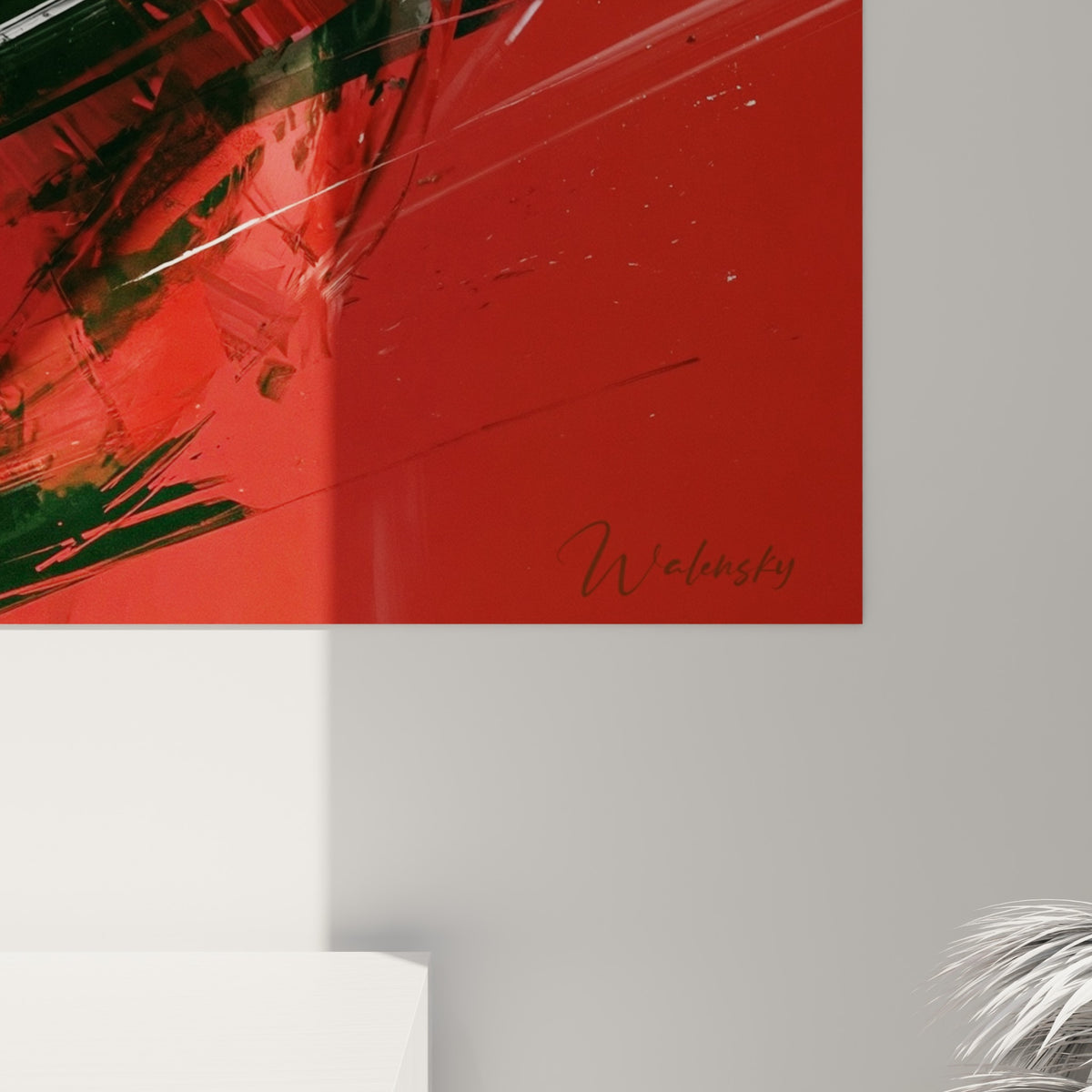 Matière épaisse et coulures rouges, empâtements blancs et traits verts se croisant sur la toile de la pastèque éclatée