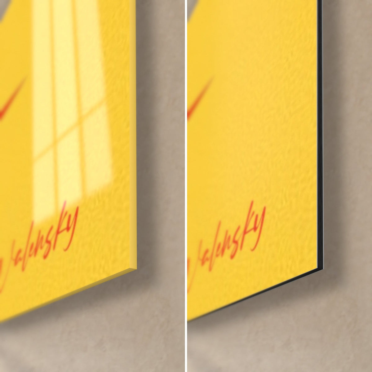 Tableau part de pastèque rouge et jaune, coin bas droit : verre acrylique brillant reflétant la fenêtre, Dibond noir mat, tranche 3 mm
