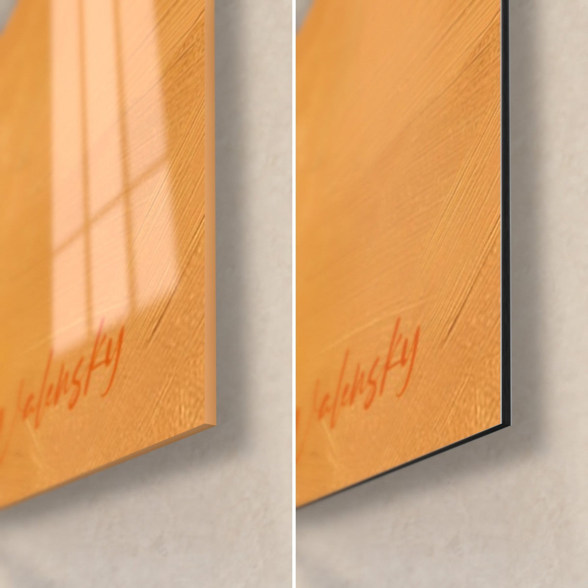 Tableau coin bas droit d'une tranche rouge et orange : verre acrylique brillant à gauche, alu Dibond mat à droite, tranche de 3 mm