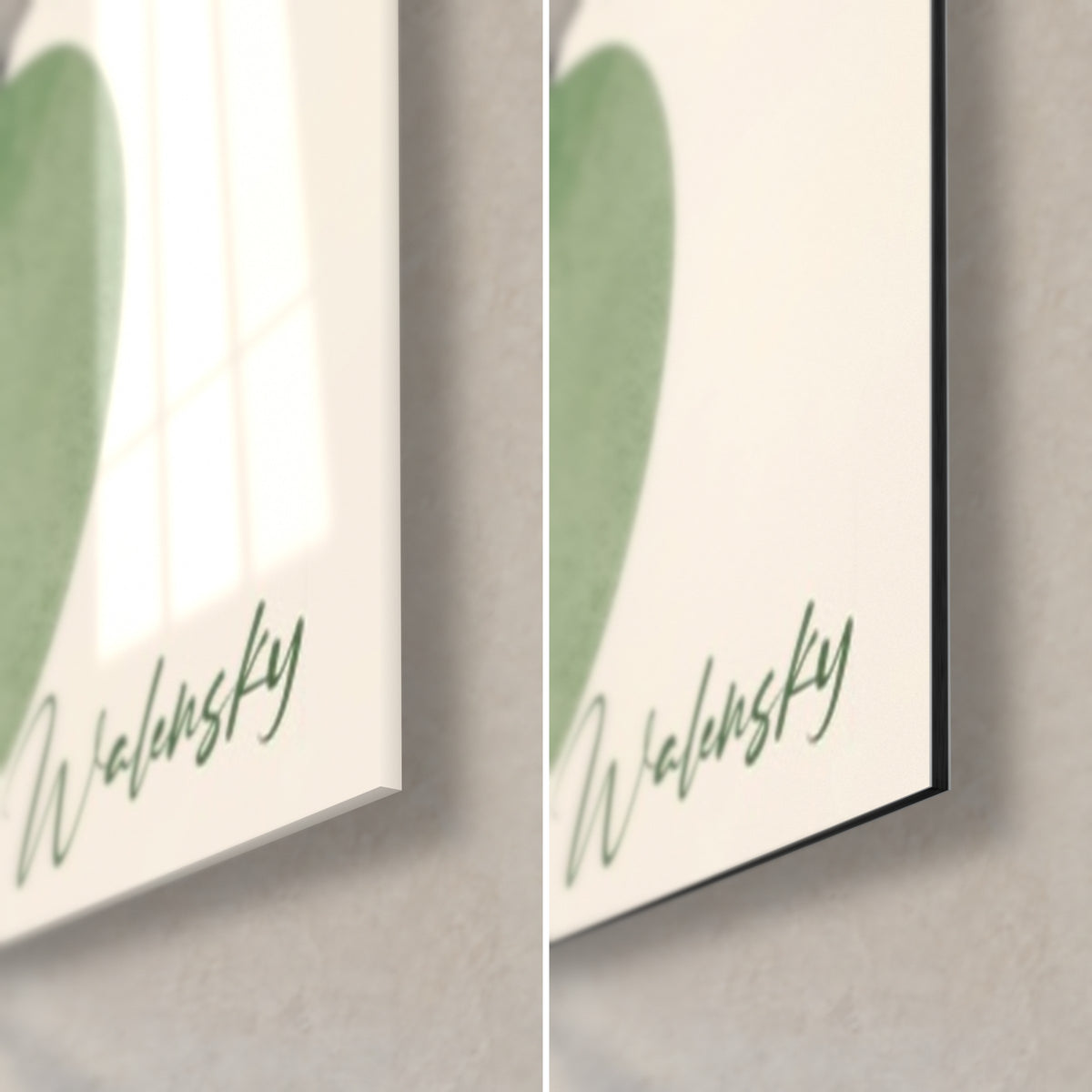 Gemälde Wassermelone in Rosa und Salbeigrün, untere rechte Ecke: glänzendes Acrylglas links, mattes Dibond-Aluminium rechts, 3 mm Kante sichtbar