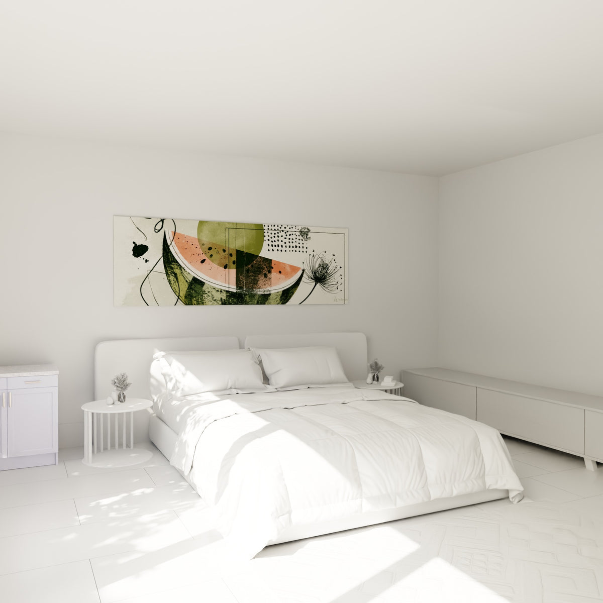 Pastèque graphique corail et vert olive accrochée au-dessus d'un lit dans une chambre claire