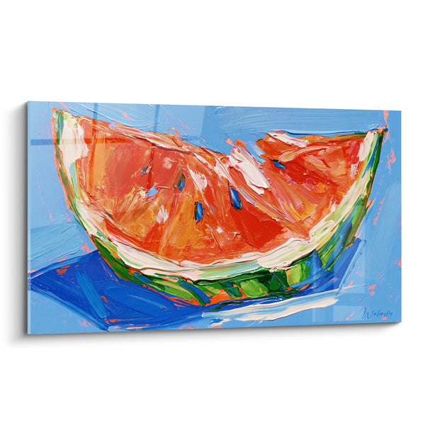 Tableau Quartier de pastèque orange et bleu au couteau - Pépins bleus indigo - Edition Pastèque