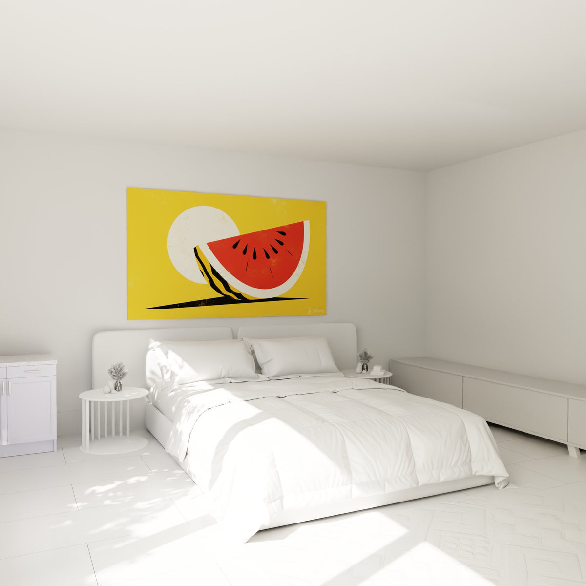 Pastèque rouge et écorce vert olive illustrées au-dessus d'un lit dans une chambre claire