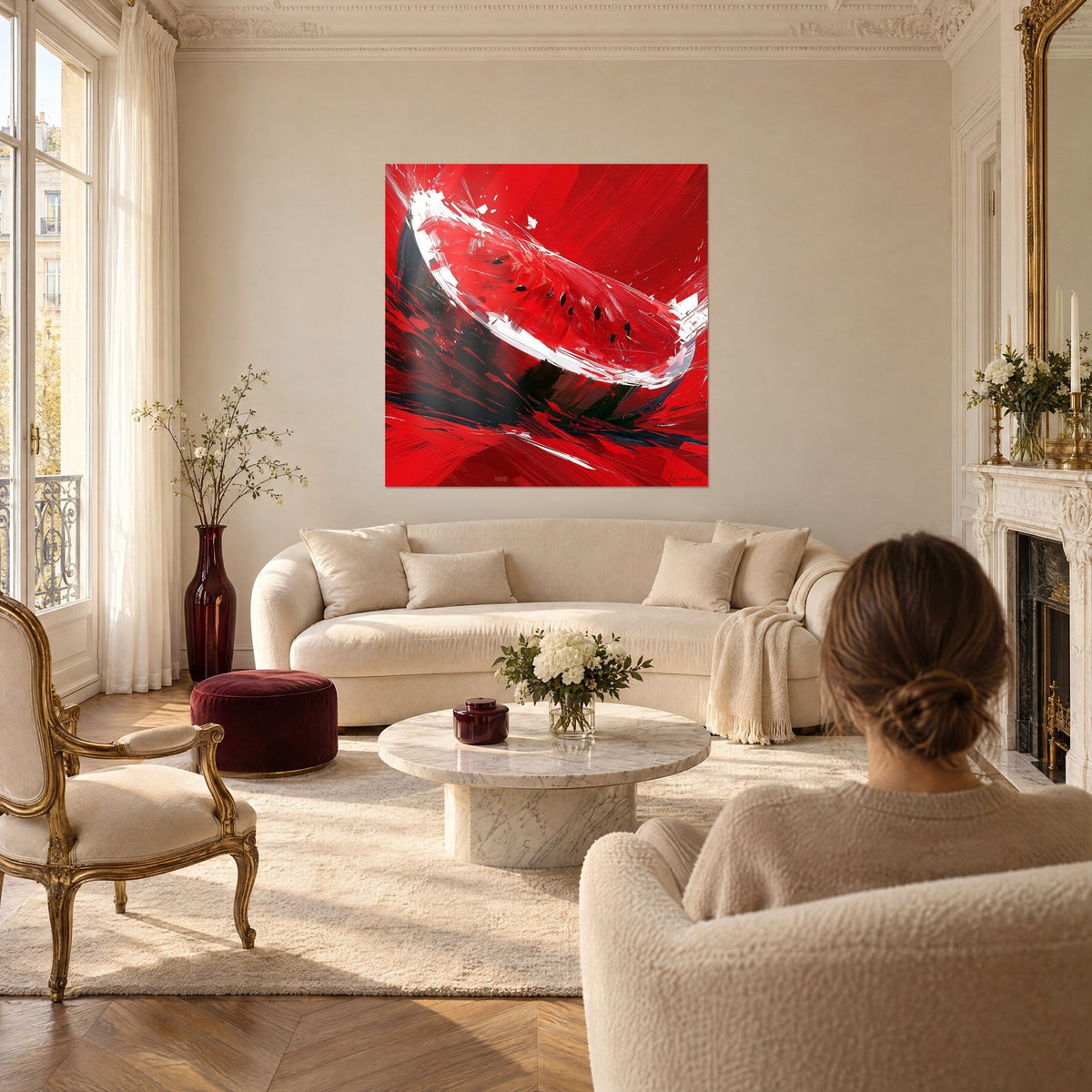 Wall art half watermelon in bright red with sharp white highlights, hung in a cream living room, a woman seen from behind, above a sofa in a bright living room