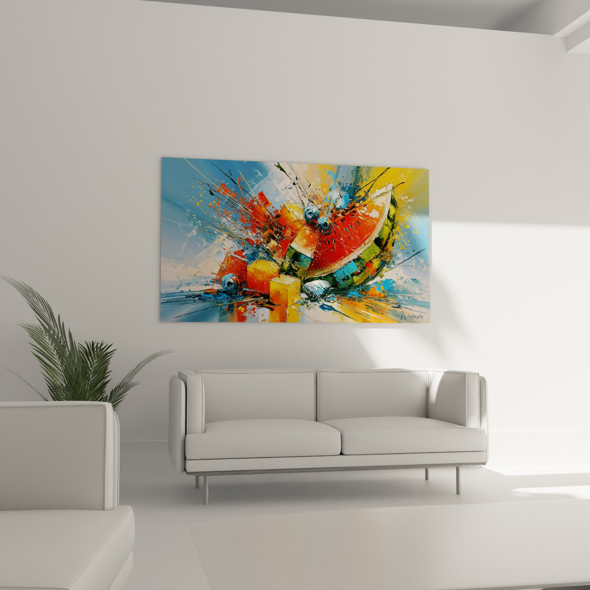 Tranche de pastèque écarlate entourée de bleu vif, accrochée au-dessus d'un canapé dans un salon lumineux