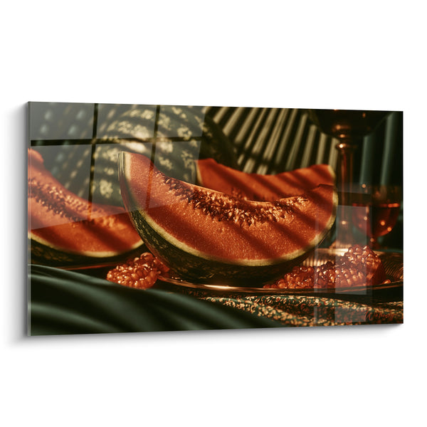 Tableau Pastèque tranchée sur nappe verte - Soir d'été baroque - Edition Pastèque
