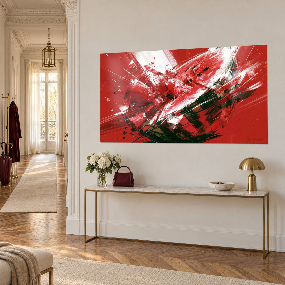 Tableau fruit rouge explosé en facettes écarlates et blanches, traits noirs diagonaux, sur un mur haussmannien en vue de trois-quarts