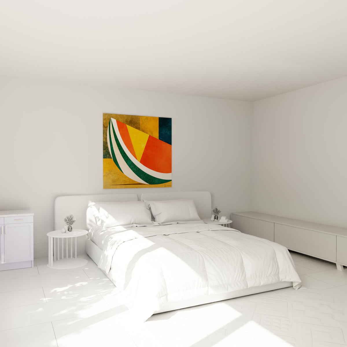 Coupe de pastèque stylisée aux teintes orange et vert sapin, accrochée au-dessus d'un lit dans une chambre claire