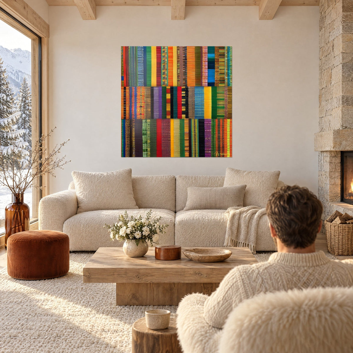 Wall art patchwork of bright red and sunny yellow striped bands, African textile weave, above a sofa in a bright living room