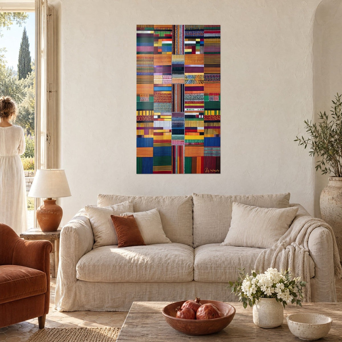 Cuadro de patchwork de bandas tejidas en naranja, azul cobalto y verde, mosaico africano, sobre un sofá en un salón luminoso