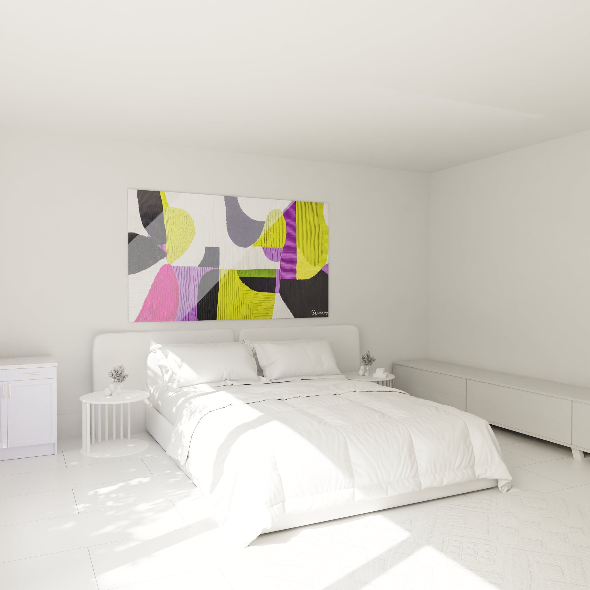 Un tableau textile moderne aux textures ondulées représentant une composition fragmentée de formes géométriques en jaune acide, violet intense, noir et touches de rose fuchsia, chaque section révélant des lignes parallèles évoquant des fibres tissées.
