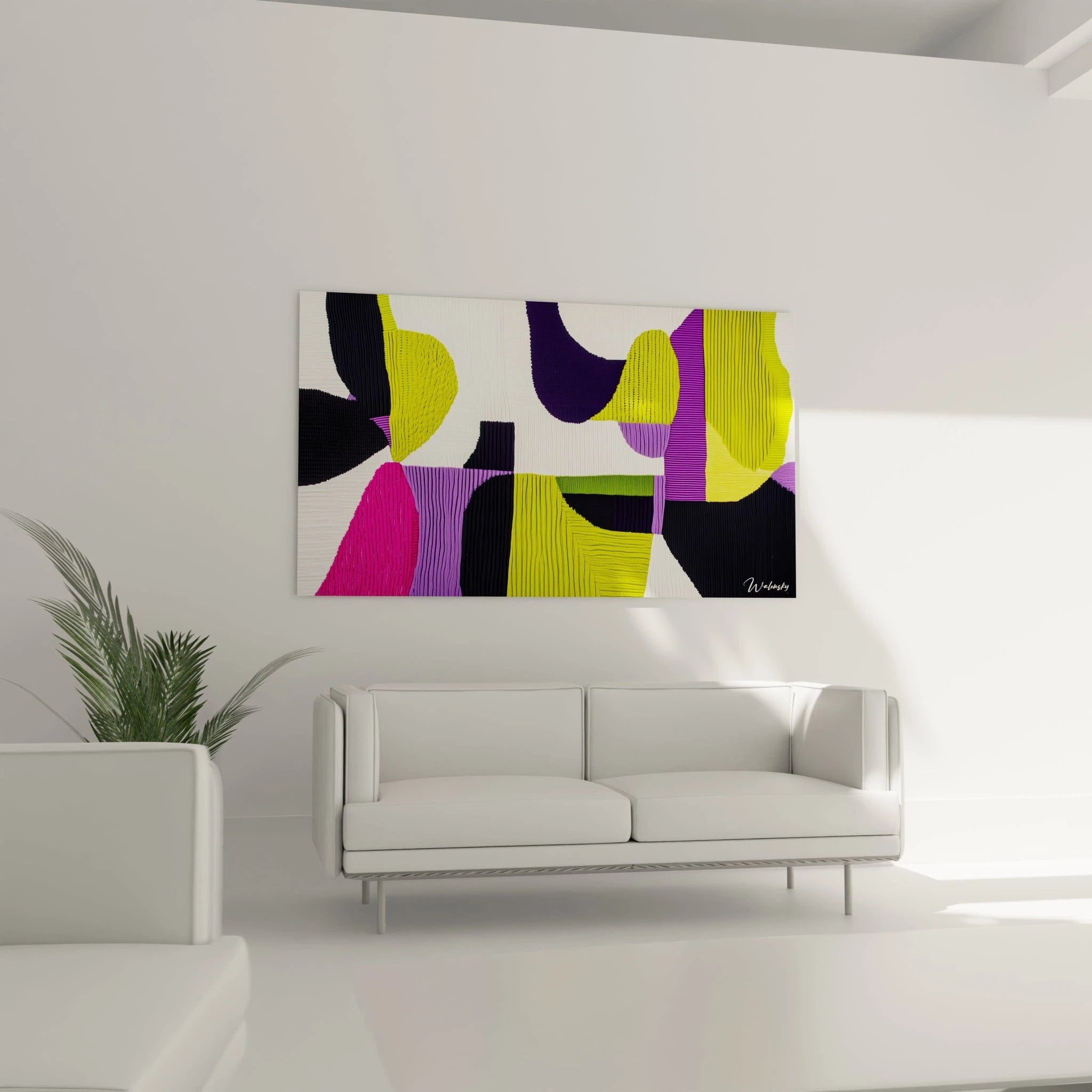 Un tableau abstrait contemporain offrant un patchwork de sections colorées aux textures striées, juxtaposant des formes organiques et angulaires en violet, jaune, noir et rose sur fond blanc, avec un effet tactile prononcé.
