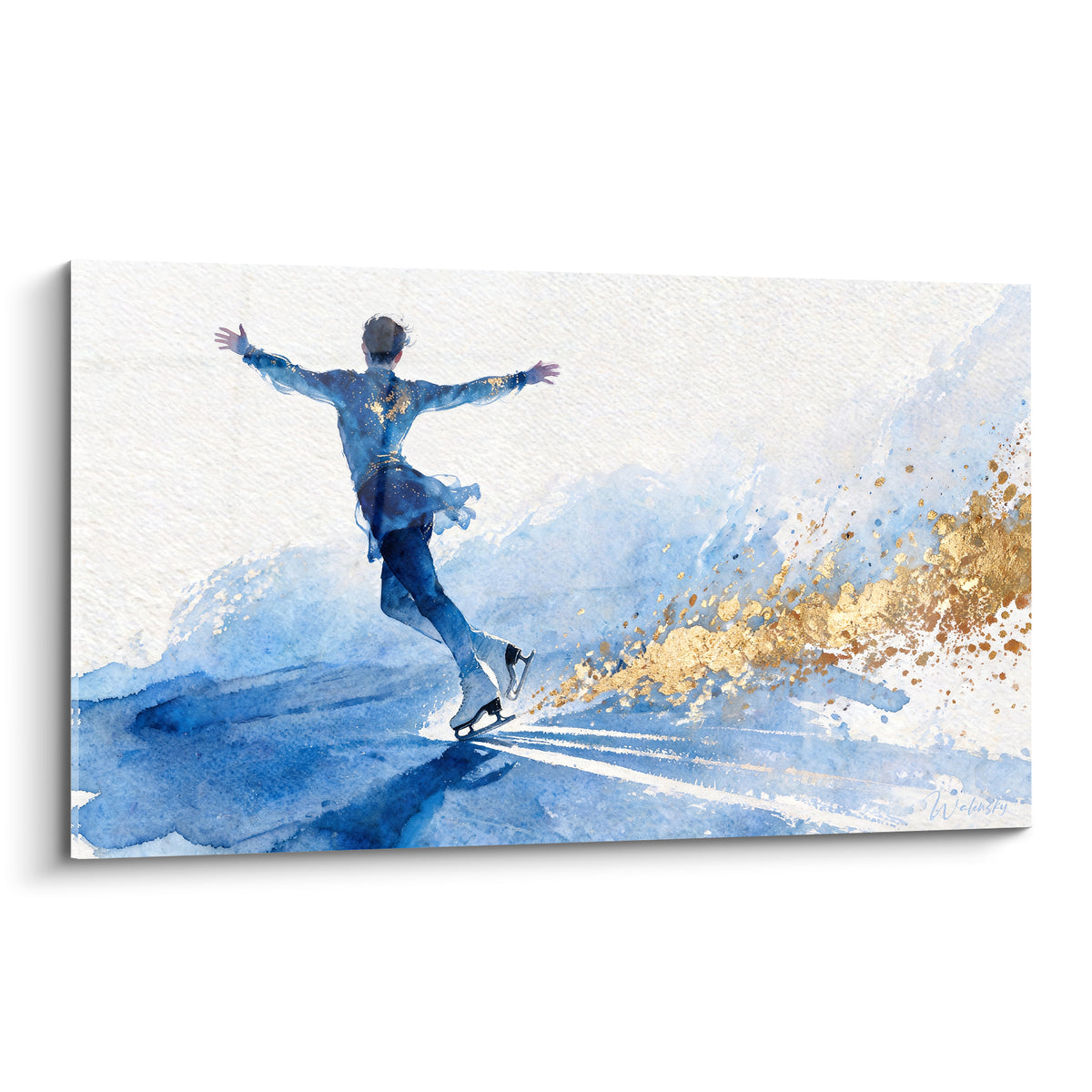 Patineur bleu marine et doré en pleine glissade, bras ouverts, style aquarelle sur fond clair