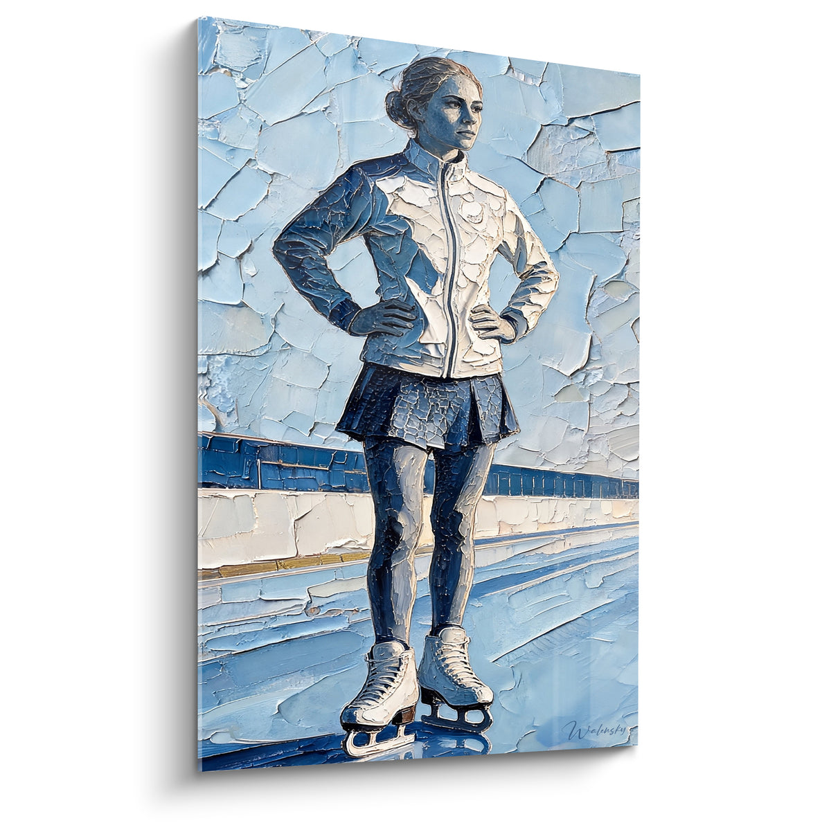 Patineuse en veste blanche et jupe bleu marine, texture empâtée sur fond de glace craquelée